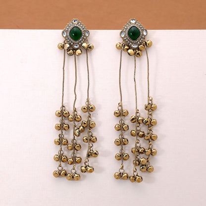 Green Color Long Kasmiri Earrings Crafted with Stylish Ethnic Fashion Appeal