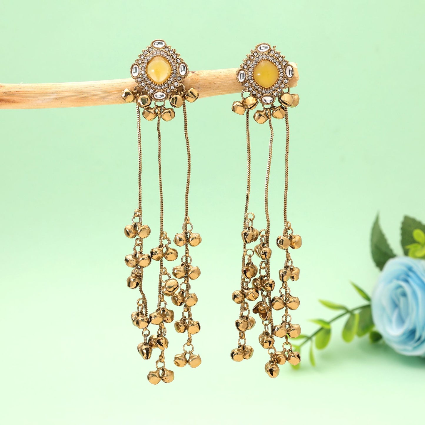 Yellow Color Long Kasmiri Earrings with Premium Traditional Handmade Jewelry Style