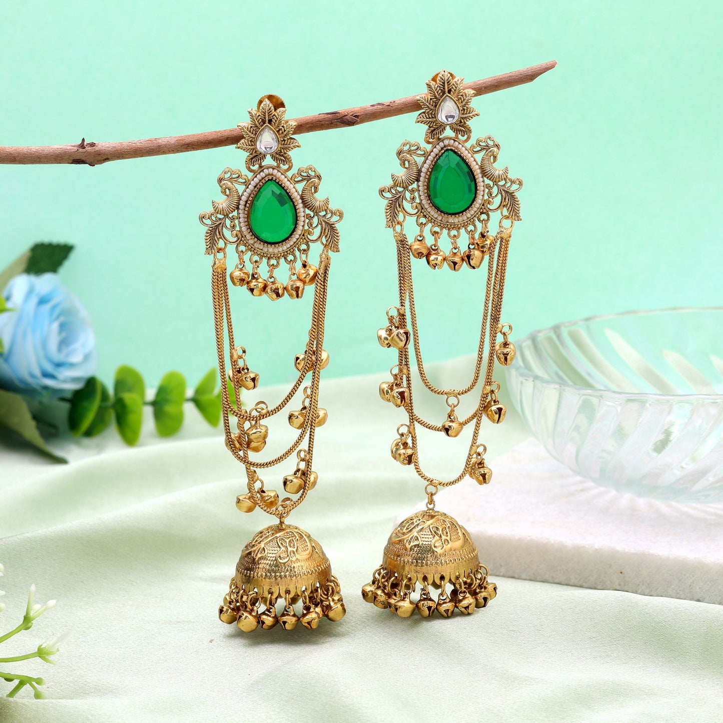 Green Color Long Kasmiri Earrings with Elegant Traditional Handmade Fashion Look