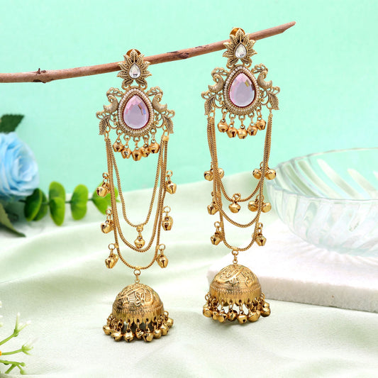 Pink Color Long Kasmiri Earrings Featuring Elegant Ethnic Fashion Jewelry Style