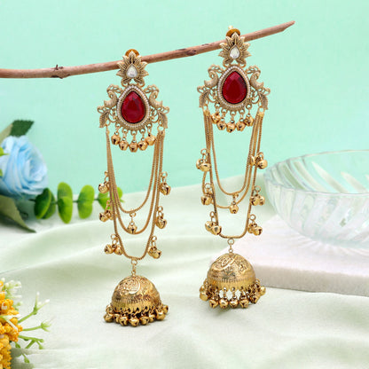Red Color Long Kasmiri Earrings Crafted with Stylish Handmade Traditional Appeal