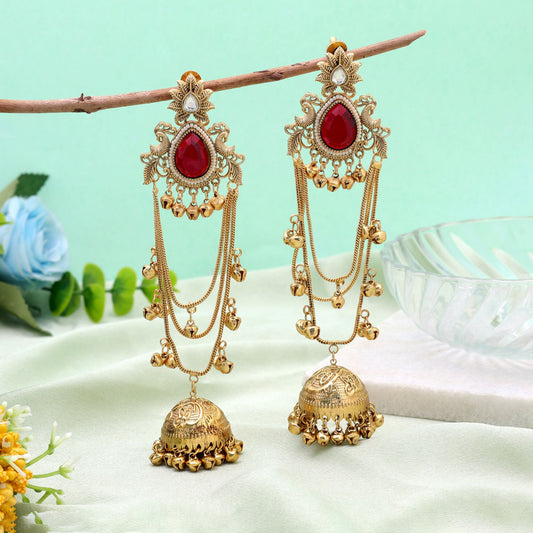 Red Color Long Kasmiri Earrings Crafted with Stylish Handmade Traditional Appeal