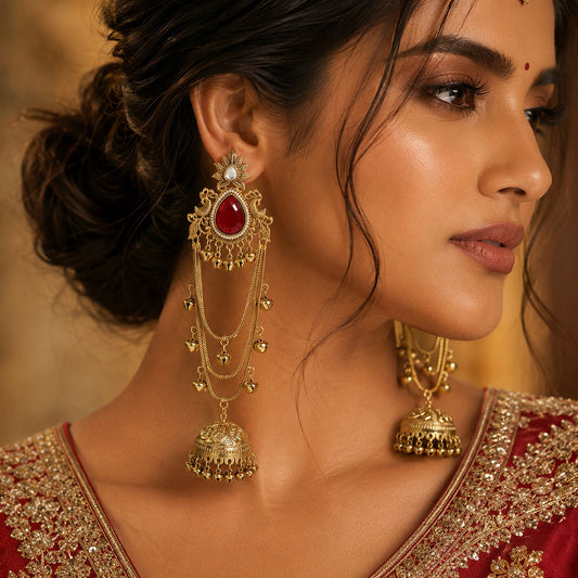 Red Color Long Kasmiri Earrings Crafted with Stylish Handmade Traditional Appeal