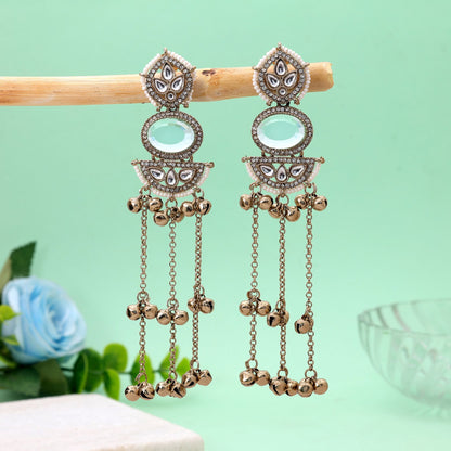 Aqua Blue Color Long Kasmiri Earrings with Elegant Traditional Fashion Style