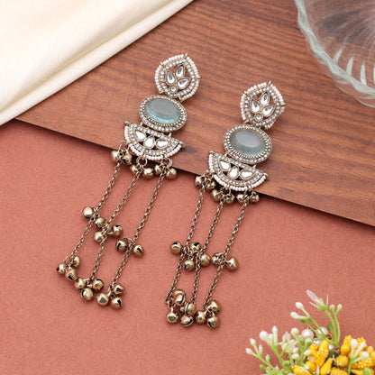 Aqua Blue Color Long Kasmiri Earrings with Elegant Traditional Fashion Style