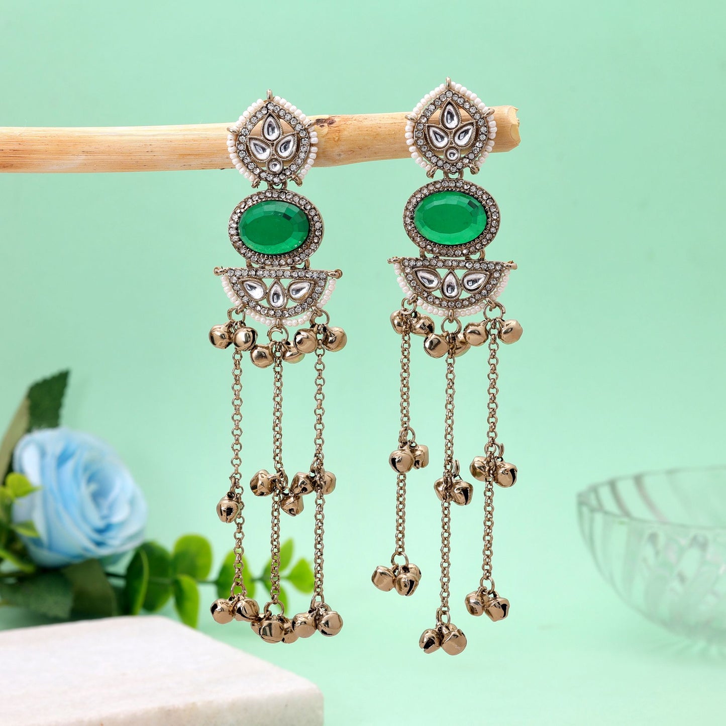 Green Color Long Kasmiri Earrings with Premium Traditional Designer Finish