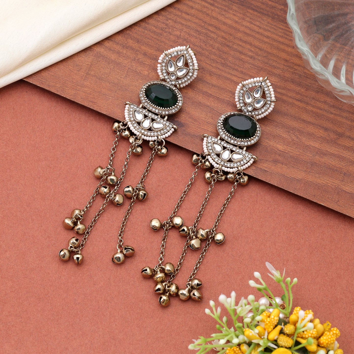 Green Color Long Kasmiri Earrings with Premium Traditional Designer Finish