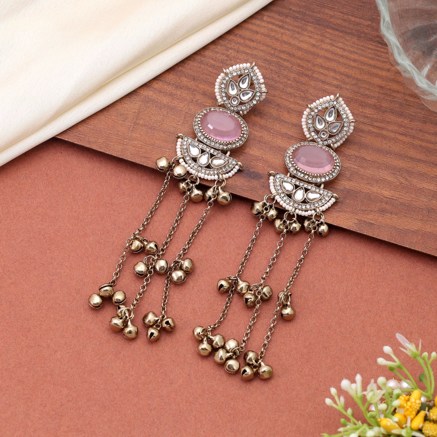 Light Pink Color Long Kasmiri Earrings Featuring Premium Fashion Jewelry Style