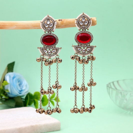Red & Gold Color Long Kasmiri Earrings Featuring Elegant Festive Jewelry Design