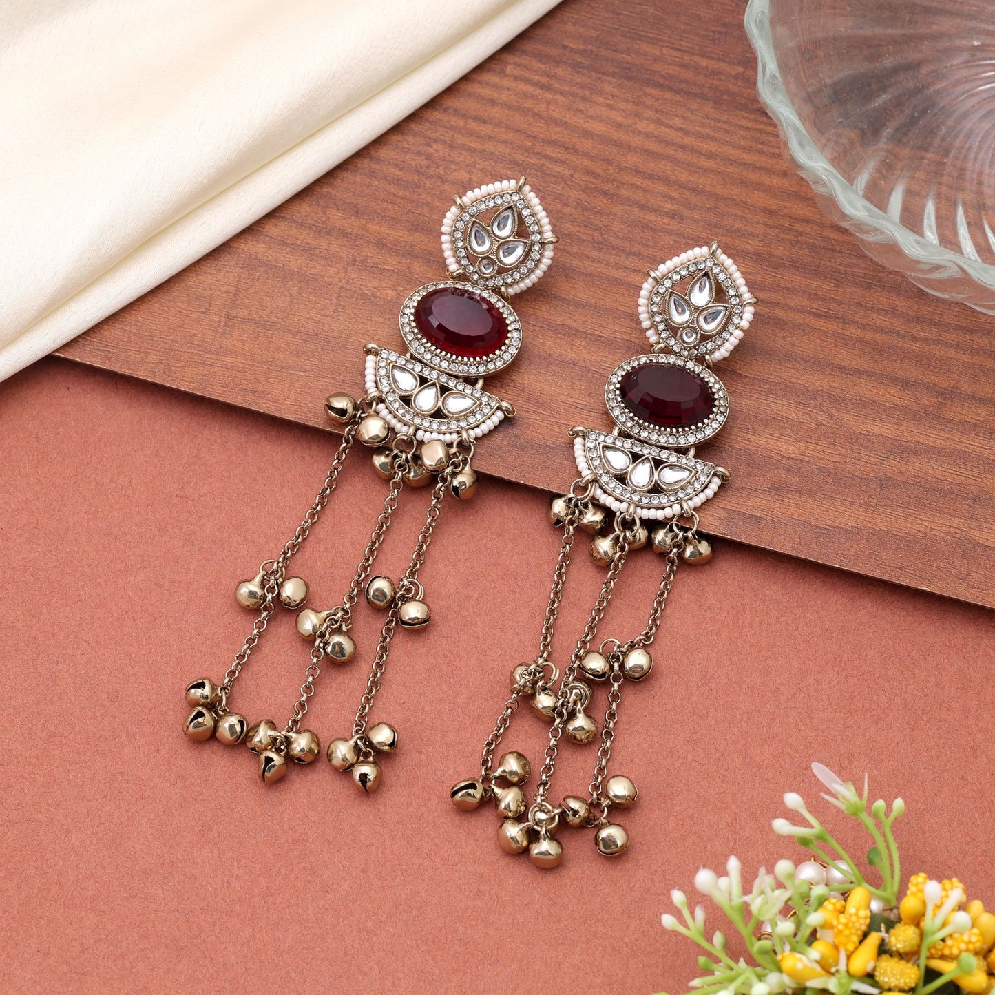 Red & Gold Color Long Kasmiri Earrings Featuring Elegant Festive Jewelry Design