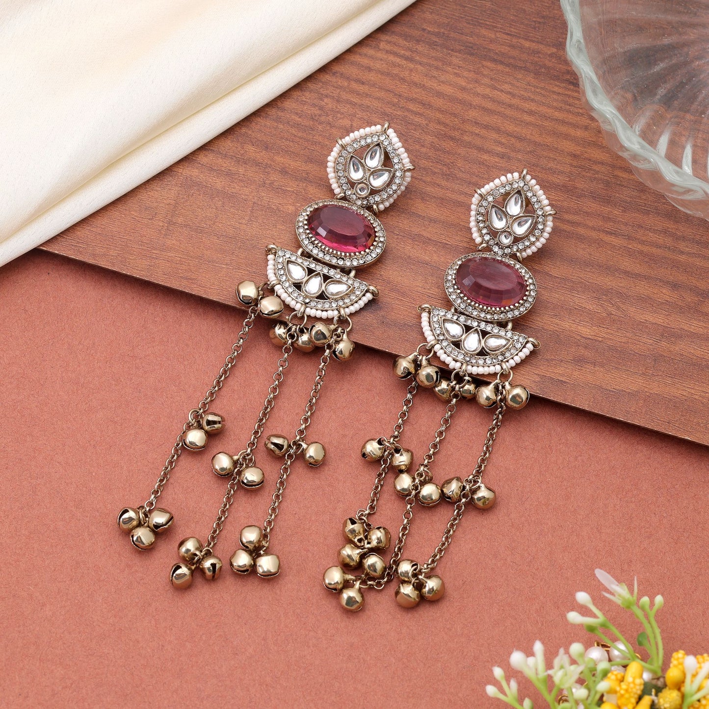 Pink Color Long Kasmiri Earrings Crafted with Elegant Ethnic Handmade Design