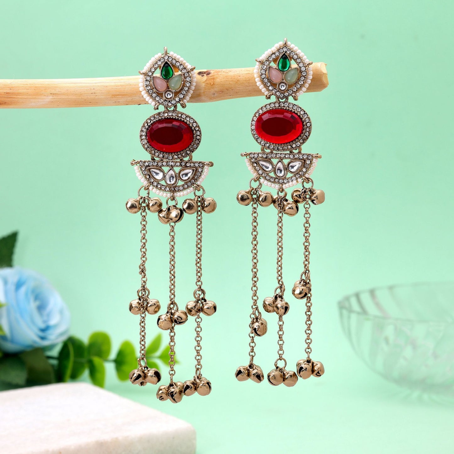 Red Color Long Kasmiri Earrings Featuring Beautiful Ethnic Handmade Jewelry Design