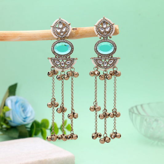 Teal Blue Color Long Kasmiri Earrings Featuring Beautiful Handmade Artwork