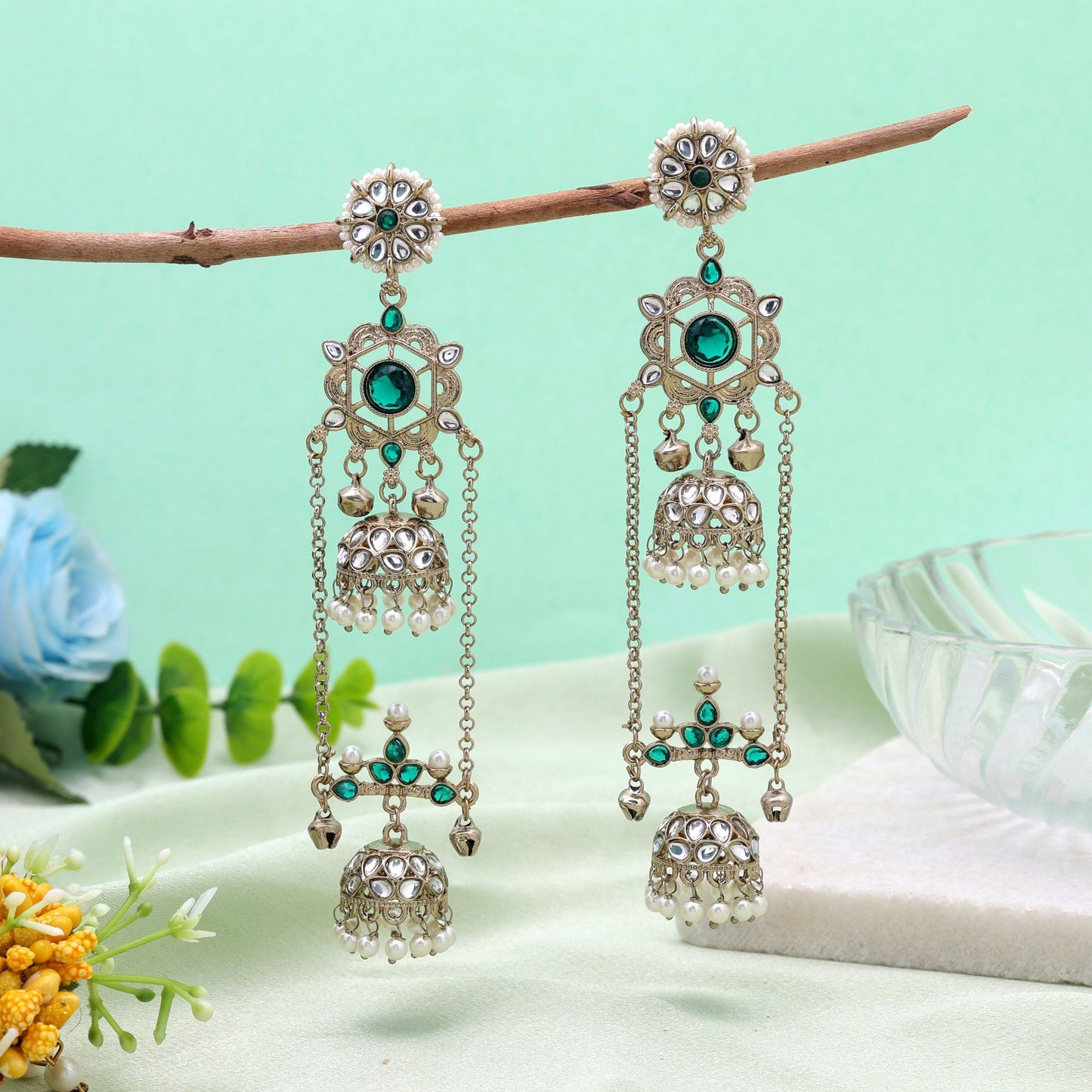 Green Color Long Kashmiri Earrings Featuring Beautiful Ethnic Fashion Collection