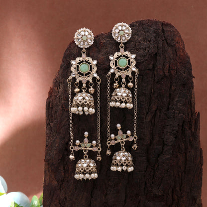 Lime Green Color Long Kashmiri Earrings Featuring Premium Handmade Artwork