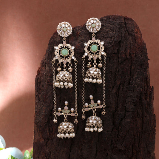 Lime Green Color Long Kashmiri Earrings Featuring Premium Handmade Artwork