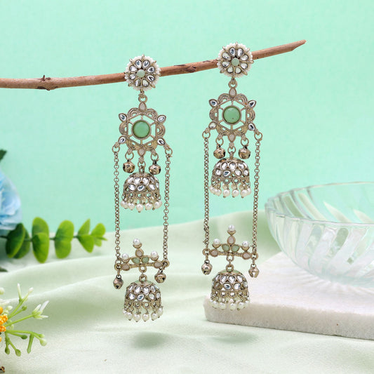 Lime Green Color Long Kashmiri Earrings Featuring Premium Handmade Artwork