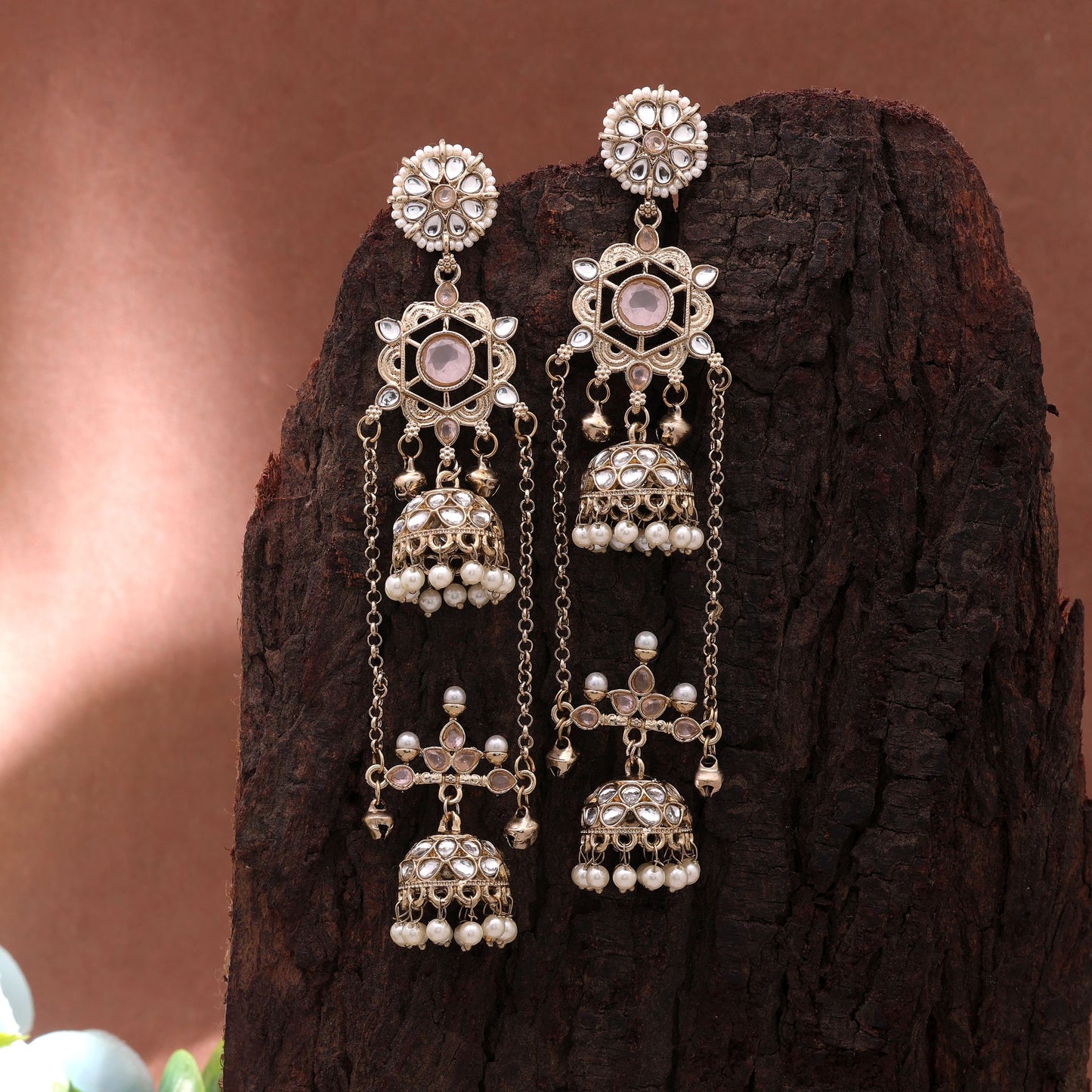 Light Pink Color Long Kashmiri Earrings with Stylish Traditional Handmade Appeal