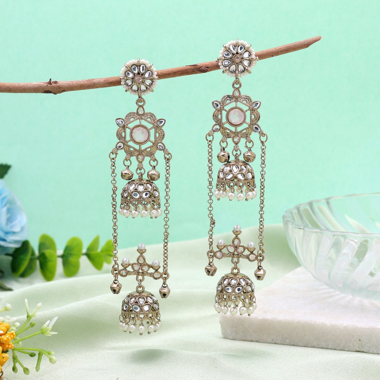 Light Pink Color Long Kashmiri Earrings with Stylish Traditional Handmade Appeal