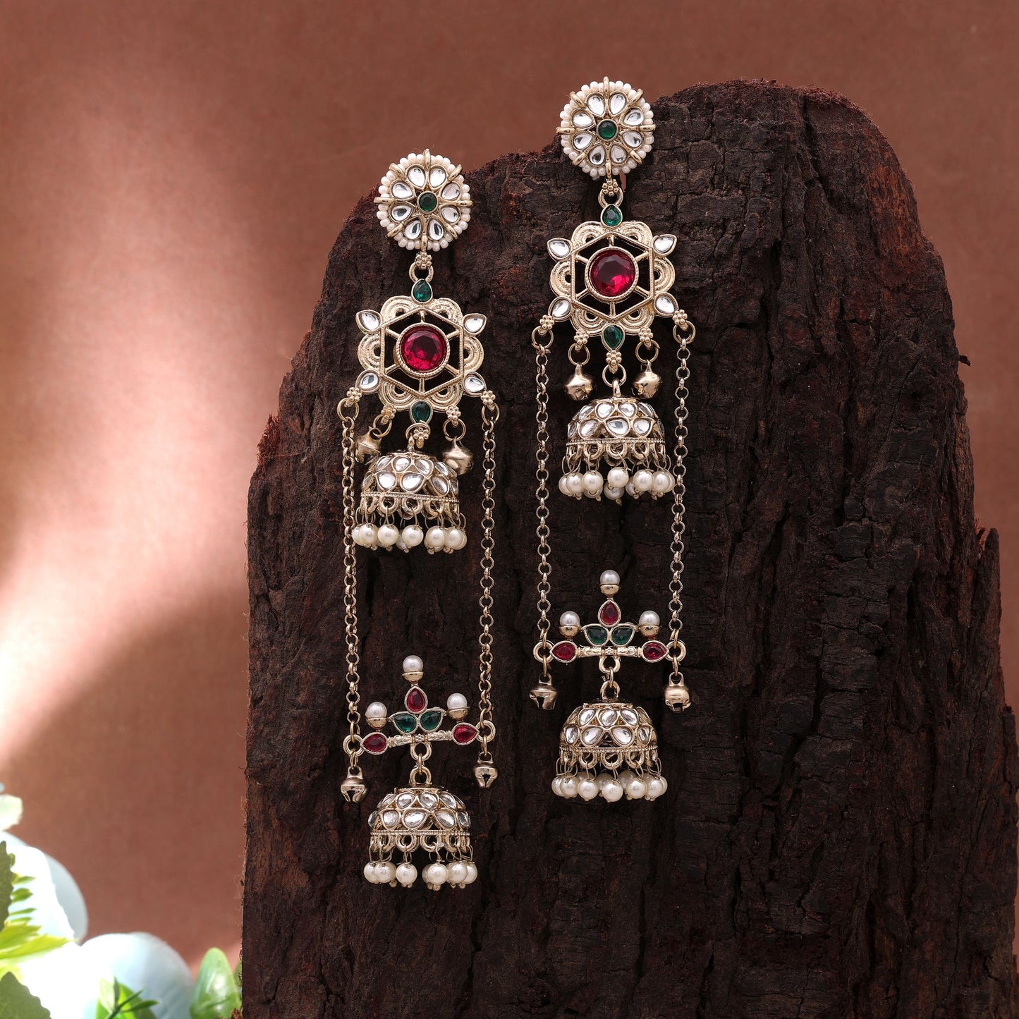 Rani Color Long Kashmiri Earrings with Beautiful Traditional Fashion Design