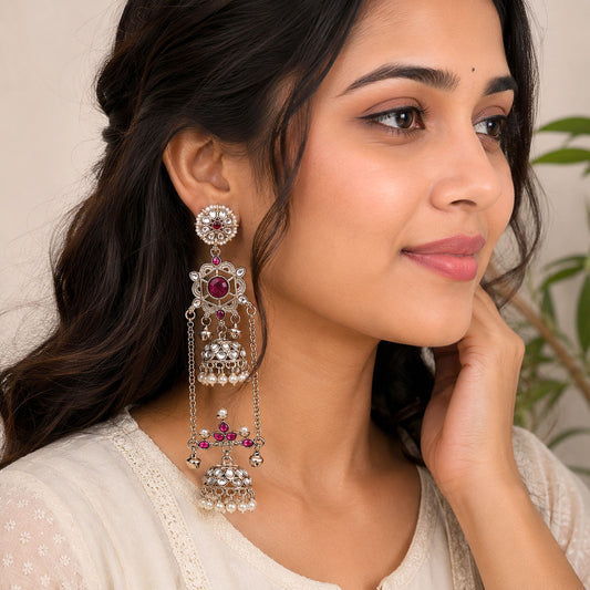 Rani-farbene lange Kaschmir-Ohrringe mit elegantem traditionellem handgefertigtem Schmuckdesign