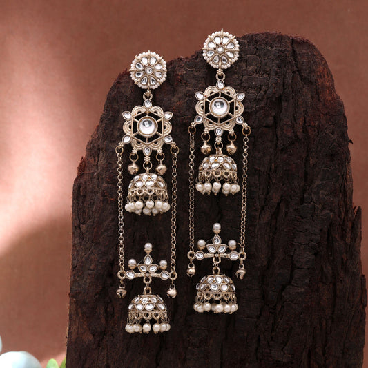 White Color Long Kashmiri Earrings Crafted with Elegant Designer Jewelry Style