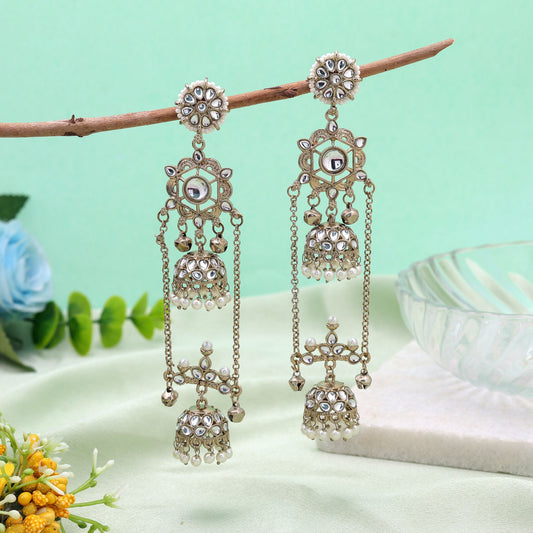 White Color Long Kashmiri Earrings Crafted with Elegant Designer Jewelry Style