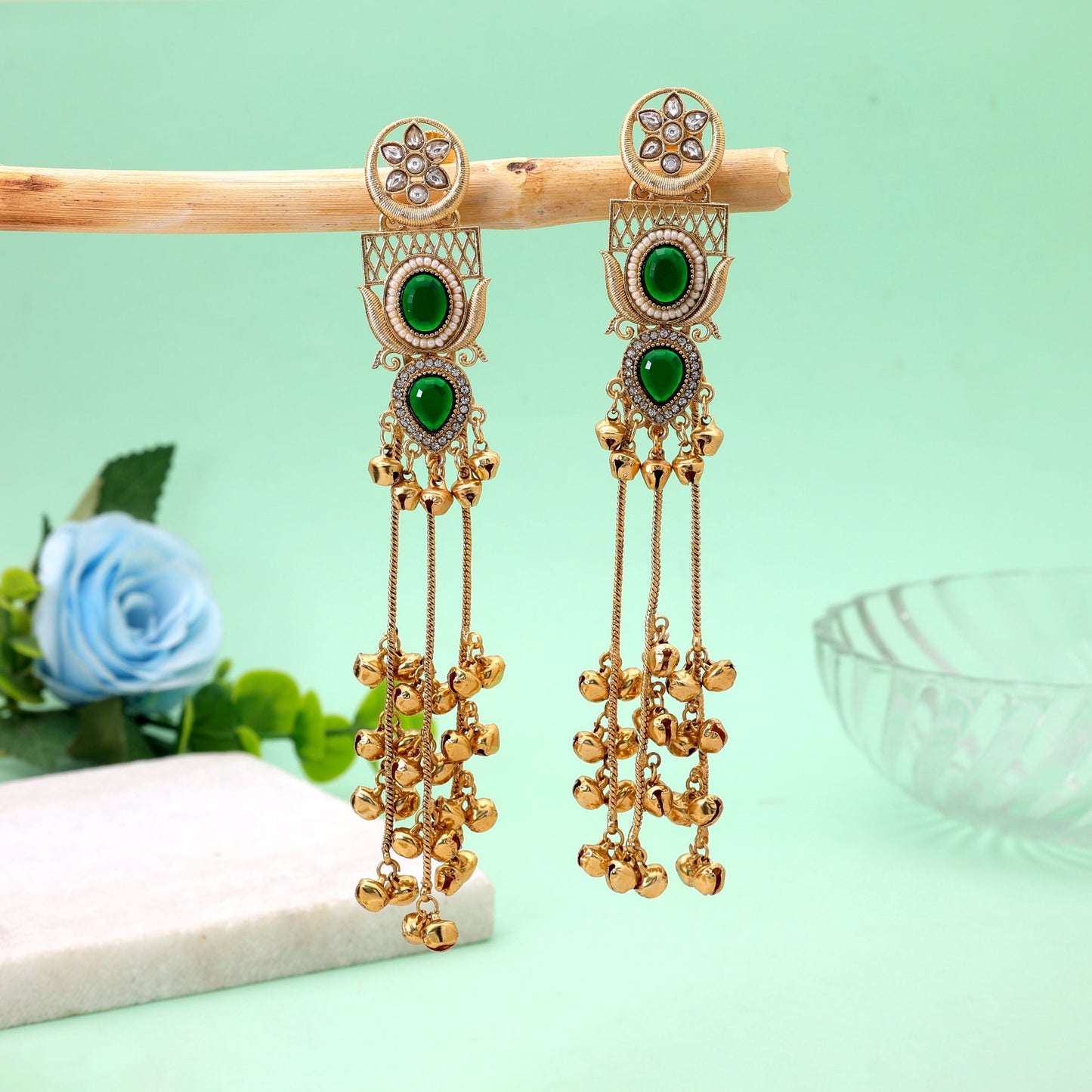 Green Color Long Kashmiri Earrings Crafted with Stylish Handmade Jewelry Design