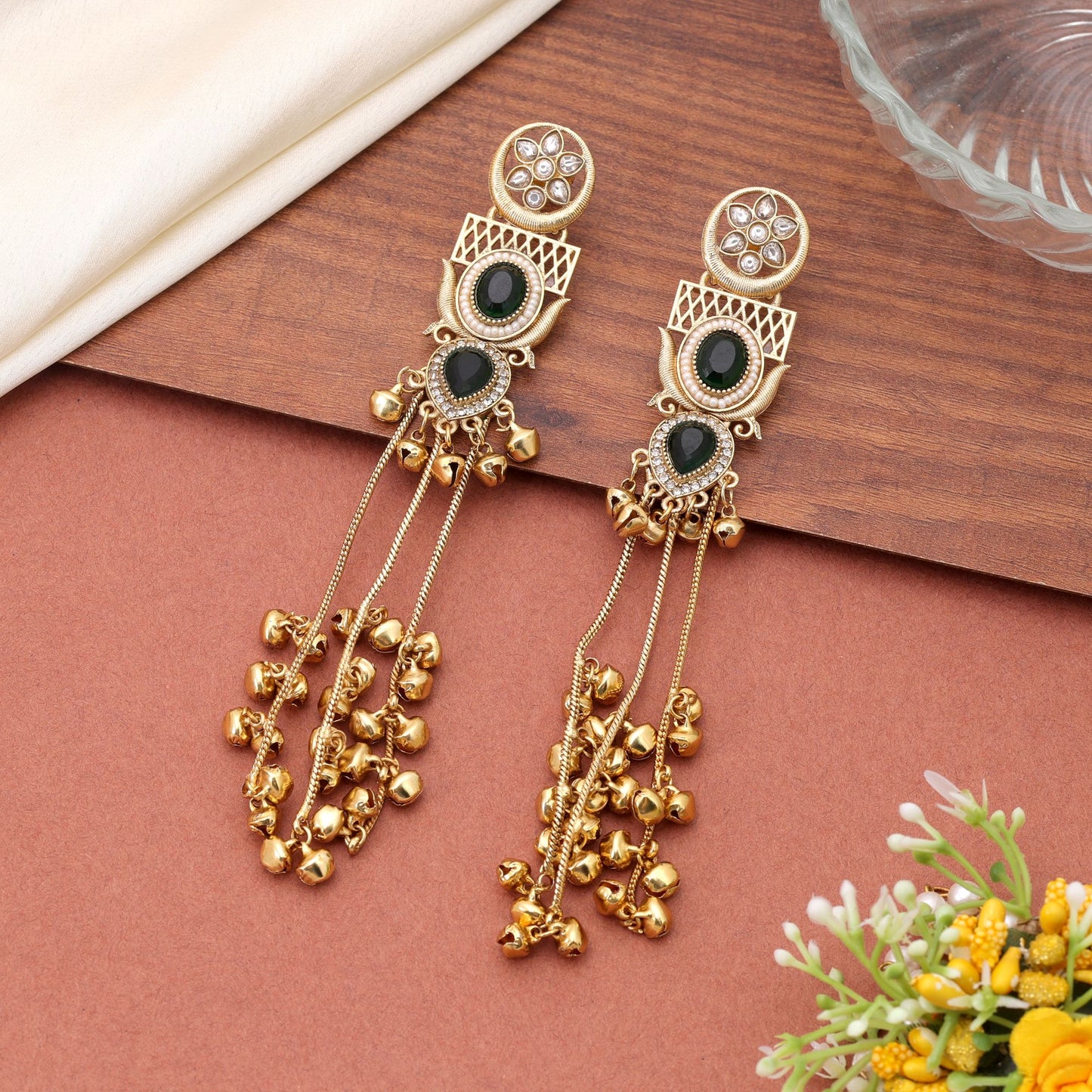 Green Color Long Kashmiri Earrings Crafted with Stylish Handmade Jewelry Design