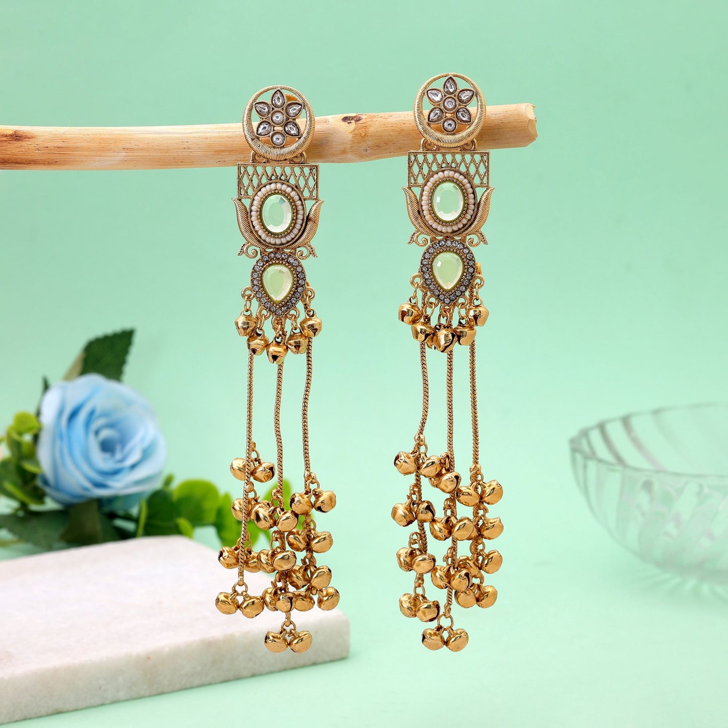 Lime Green Color Long Kashmiri Earrings Crafted with Traditional Designer Style