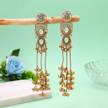 Lime Green Color Long Kashmiri Earrings Crafted with Traditional Designer Style