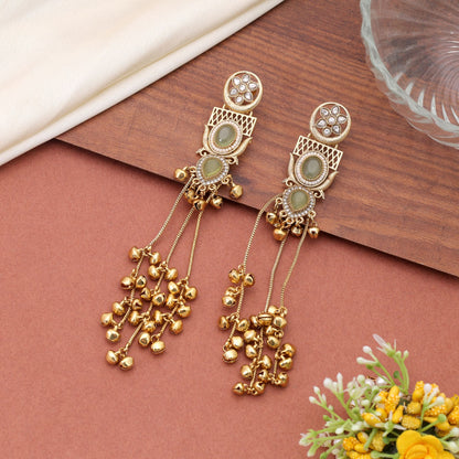 Lime Green Color Long Kashmiri Earrings Crafted with Traditional Designer Style