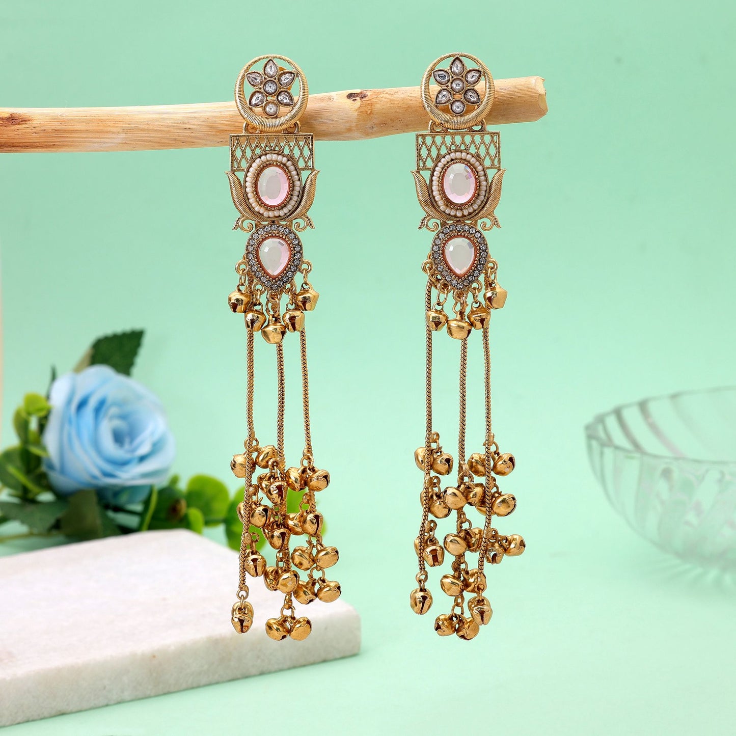 Light Pink Stone Long Kashmiri Earrings with Beautiful Handmade Jewelry Appeal