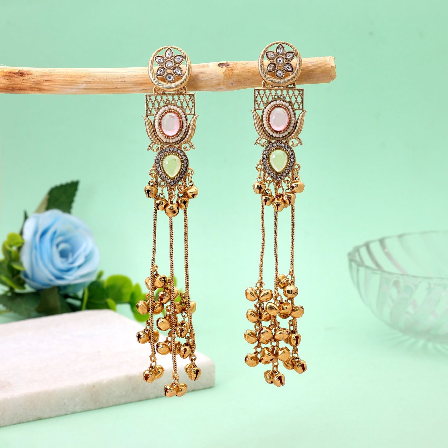 Light Pink & Lime Green Stone Long Kashmiri Earrings with Premium Handmade Appeal