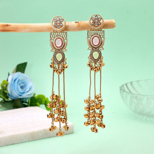 Light Pink & Lime Green Stone Long Kashmiri Earrings with Premium Handmade Appeal