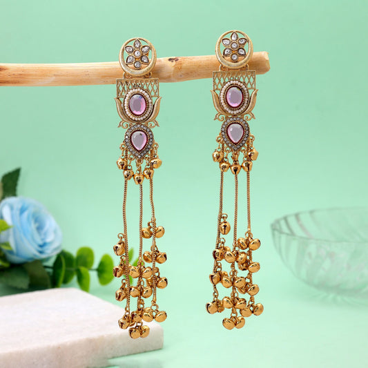 Pink Color Long Kashmiri Earrings Featuring Elegant Ethnic Fashion Look
