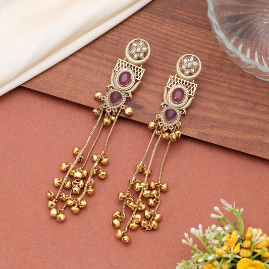Pink Color Long Kashmiri Earrings Featuring Elegant Ethnic Fashion Look
