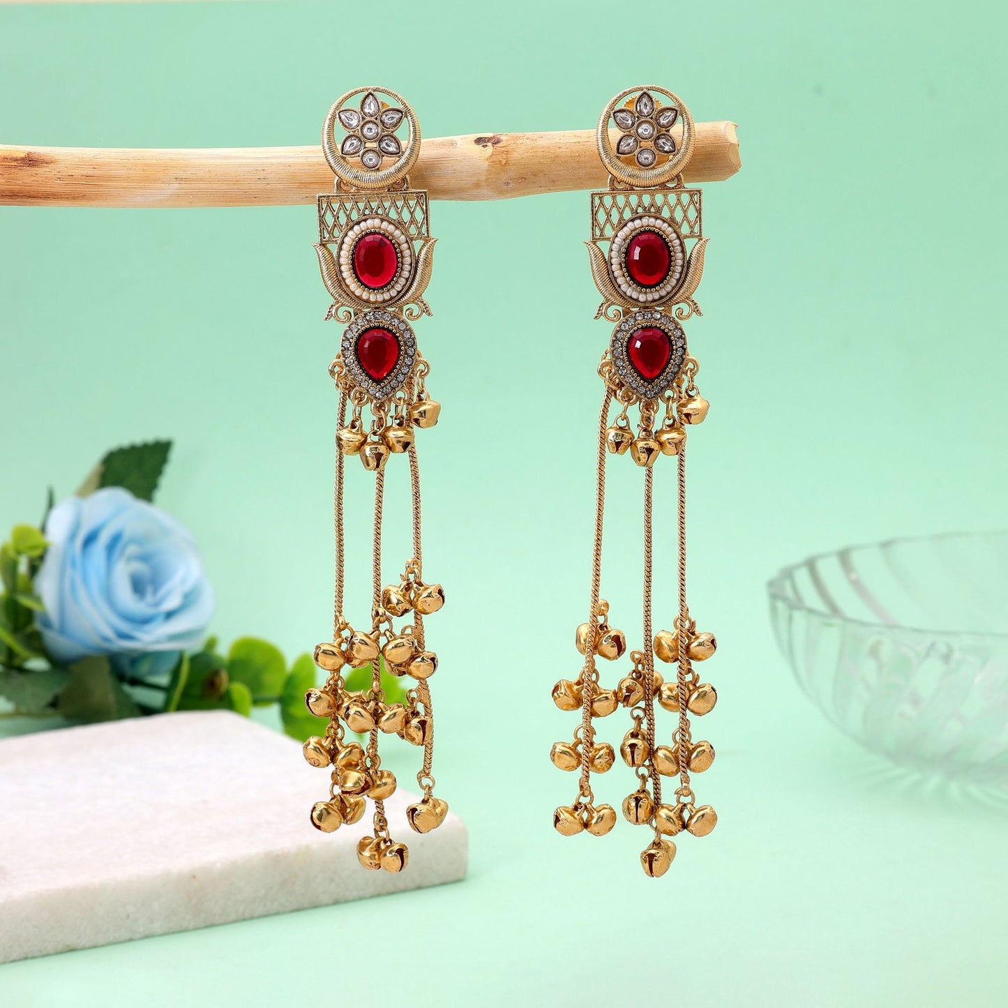 Red Color Long Kashmiri Earrings Featuring Elegant Handmade Ethnic Jewelry Style