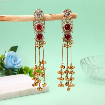 Red Color Long Kashmiri Earrings Featuring Elegant Handmade Ethnic Jewelry Style