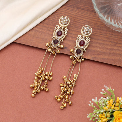 Red Color Long Kashmiri Earrings Featuring Elegant Handmade Ethnic Jewelry Style