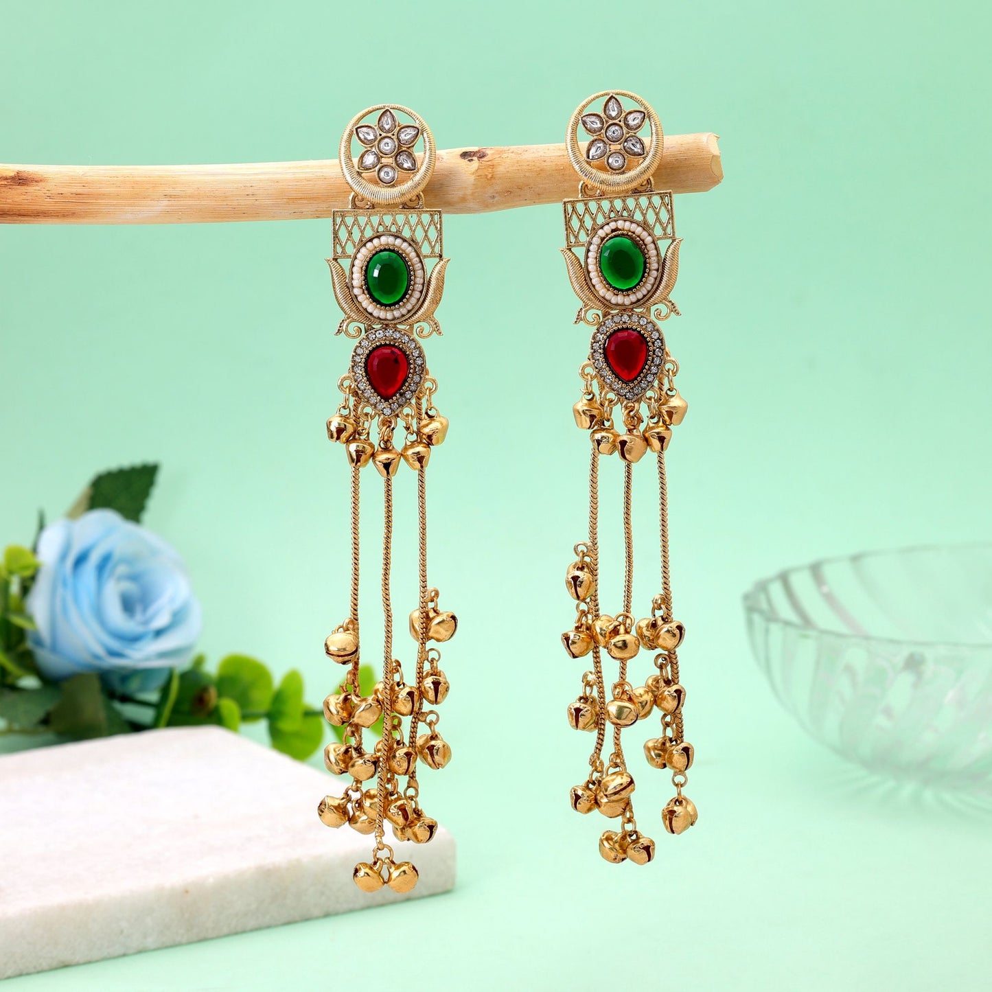 Red & Green Color Long Kashmiri Earrings Featuring Elegant Festive Jewelry Design