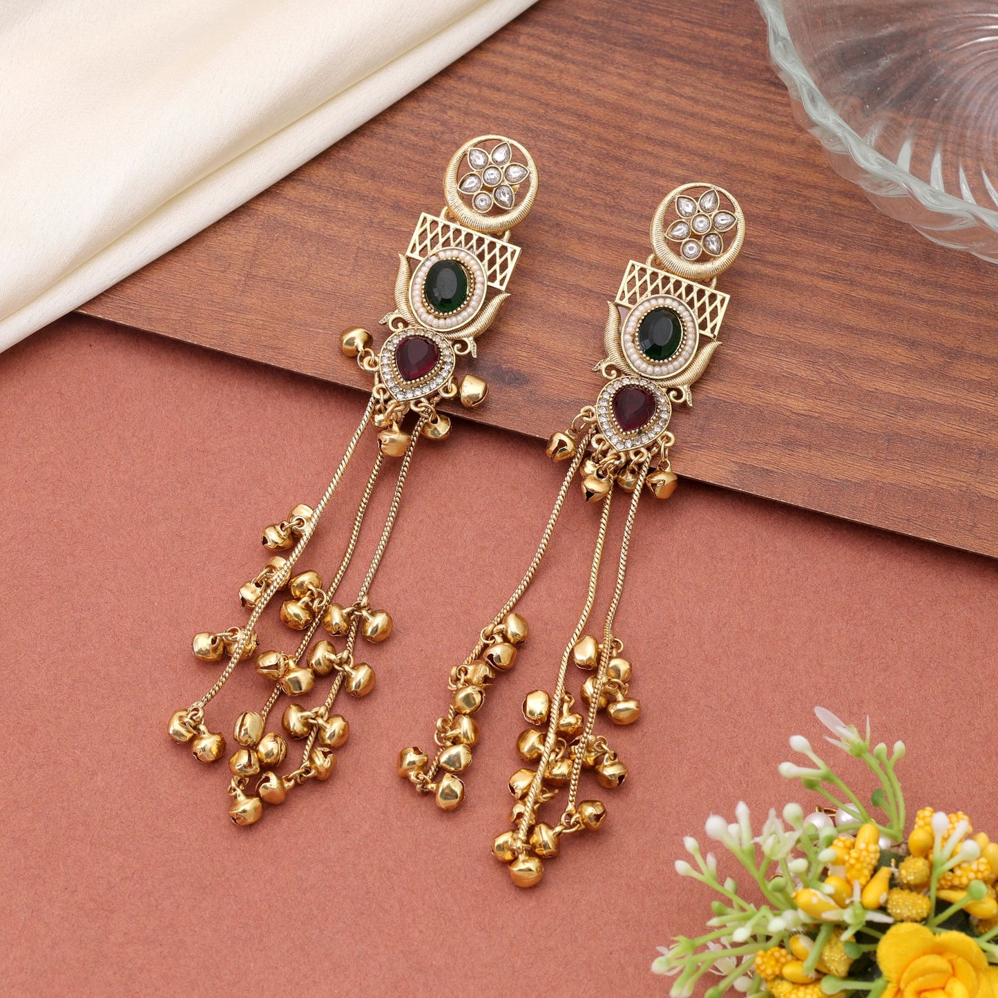 Red & Green Color Long Kashmiri Earrings Featuring Elegant Festive Jewelry Design