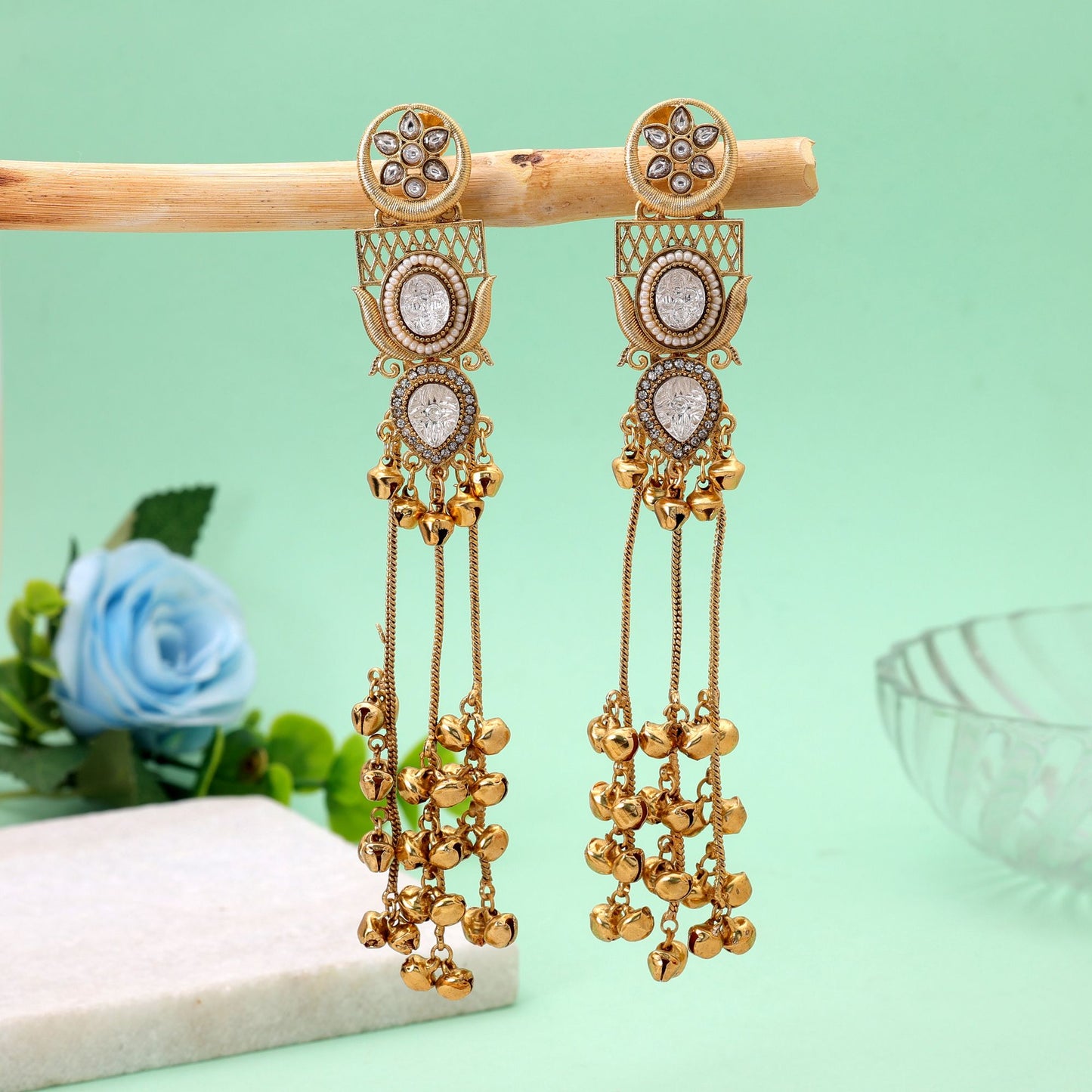 White Color Long Kashmiri Earrings with Premium Artistic Traditional Appeal