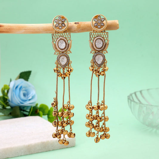 White Color Long Kashmiri Earrings with Premium Artistic Traditional Appeal