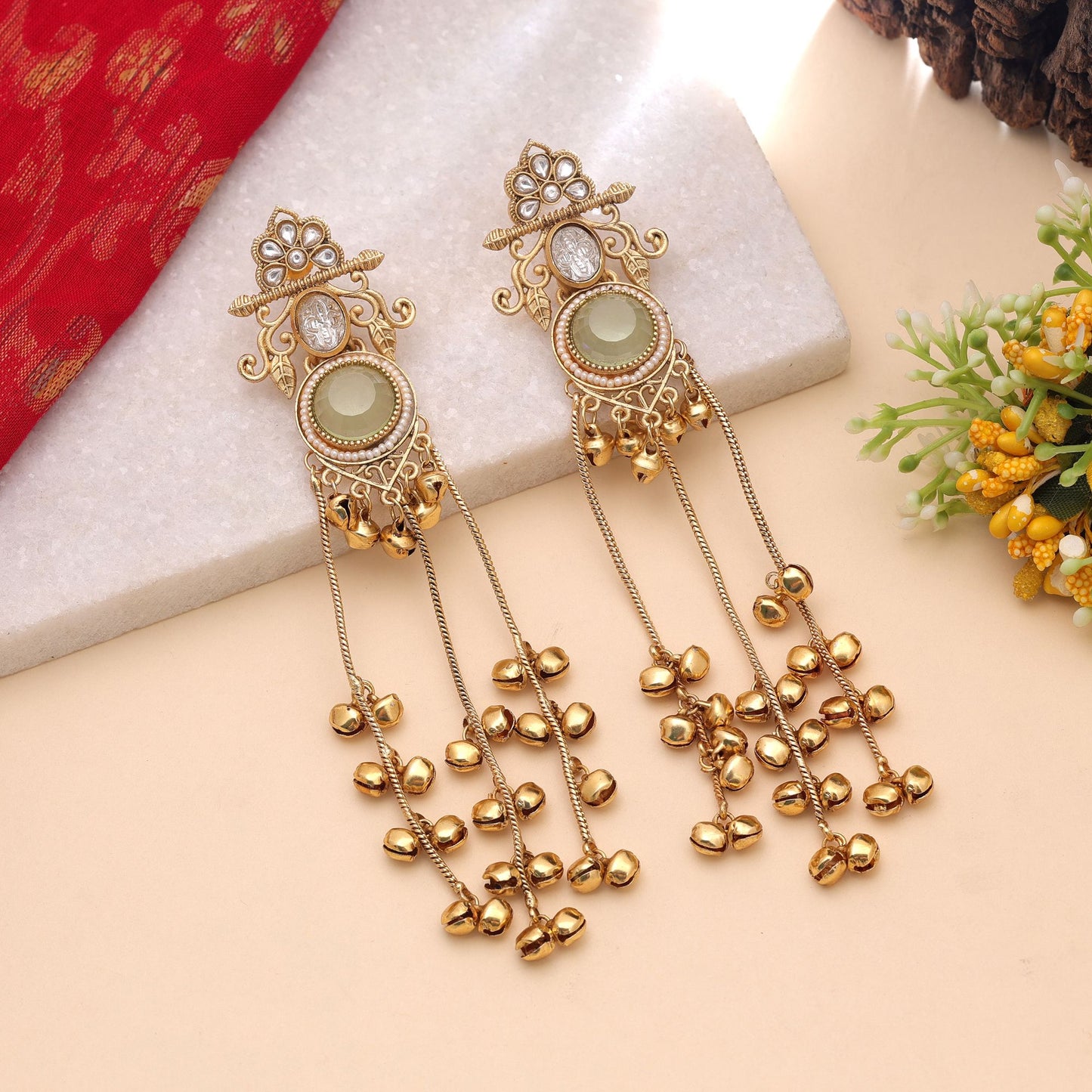 Lime Green Color Long Kashmiri Earrings Featuring Elegant Handmade Collection