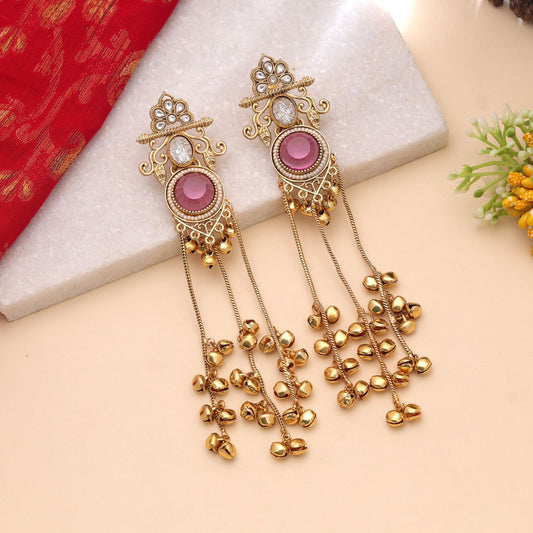 Pink Color Long Kashmiri Earrings with Elegant Handmade Designer Jewelry Look