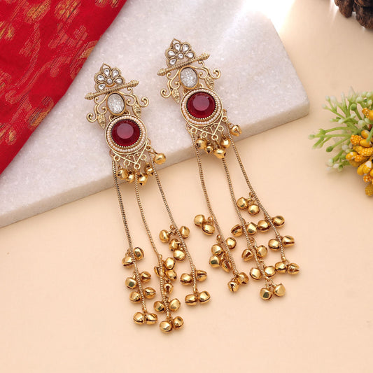Red Color Long Kashmiri Earrings Crafted with Beautiful Ethnic Jewelry Design