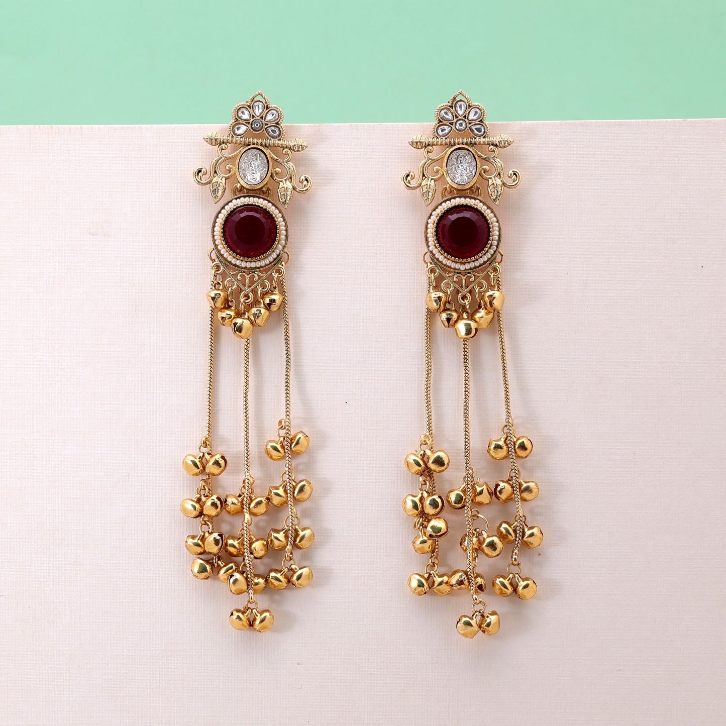 Red Color Long Kashmiri Earrings Crafted with Beautiful Ethnic Jewelry Design