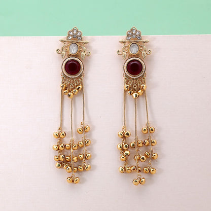 Red Color Long Kashmiri Earrings Crafted with Beautiful Ethnic Jewelry Design