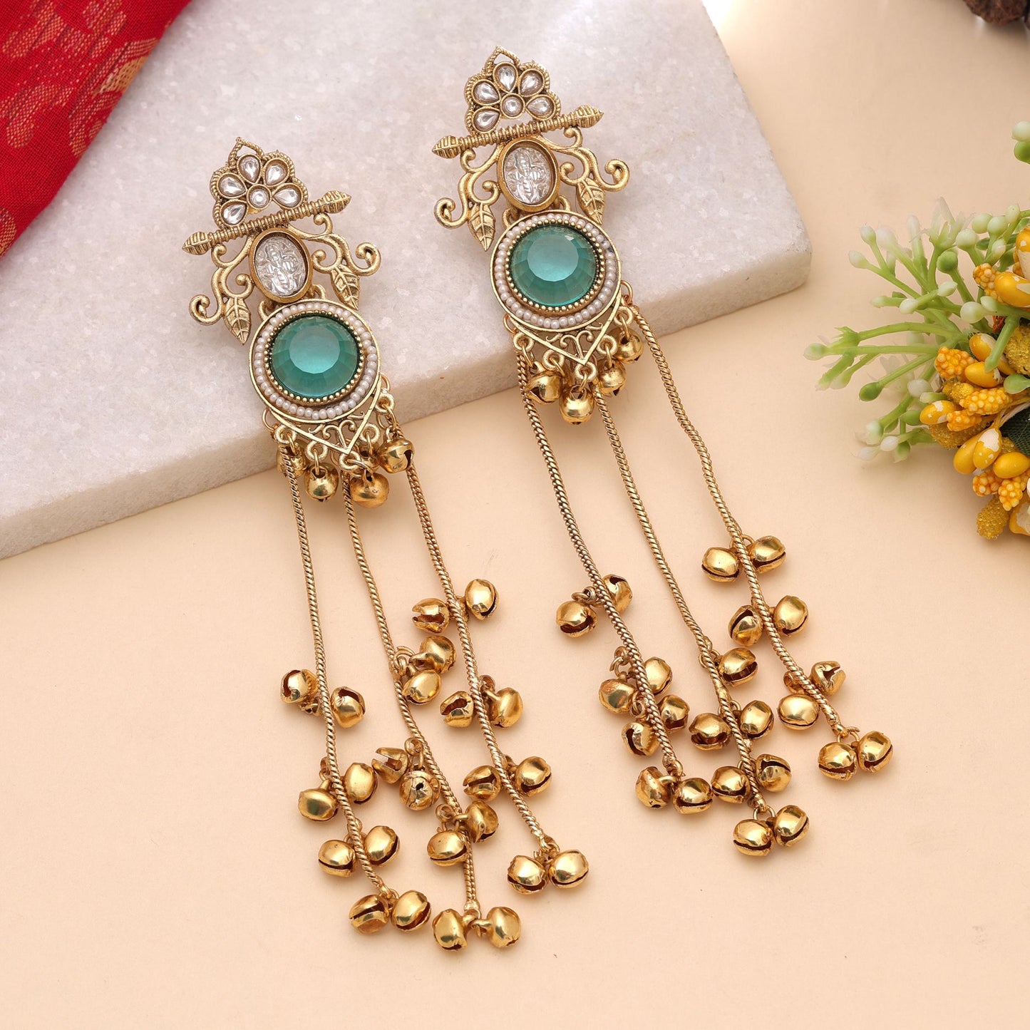 Rama Green Color Long Kashmiri Earrings with Premium Traditional Artwork